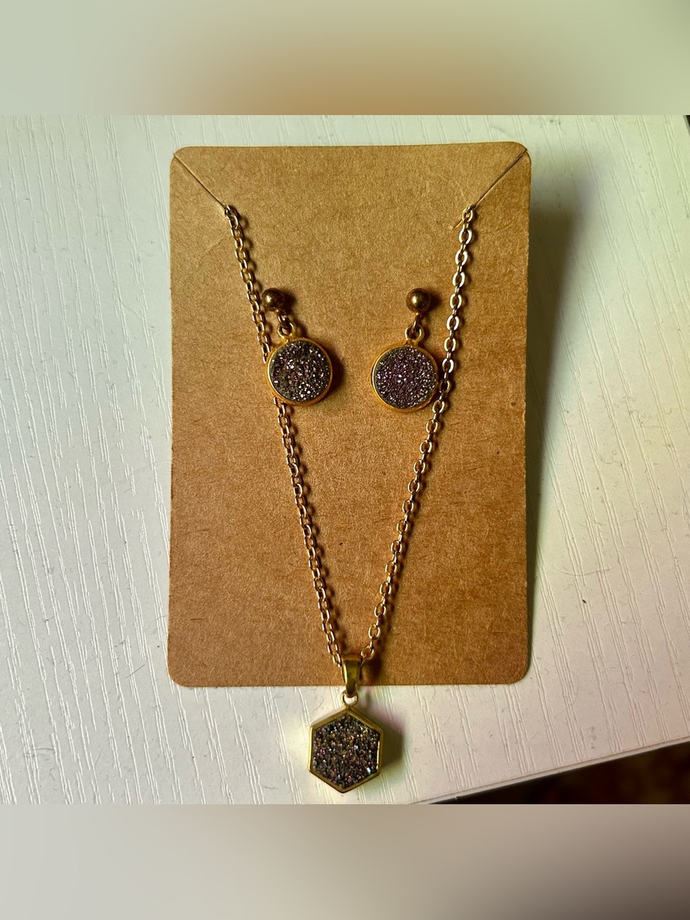 Elisa M Gold-Tone Purple Druzy  Hexagon Necklace & Circular Earrings Set
